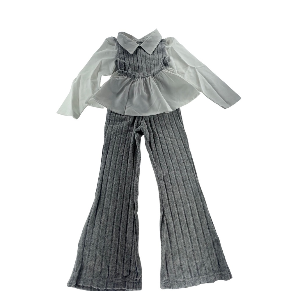 Shein Girls 6Y‎ rGray Ribbed Flare Pants Set Bell Sleeve Peplum Top Kids Outfit